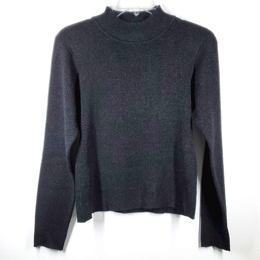 Joseph A Silk Black Metallic Silver High Neck Long Sleeve Sweater S EUC